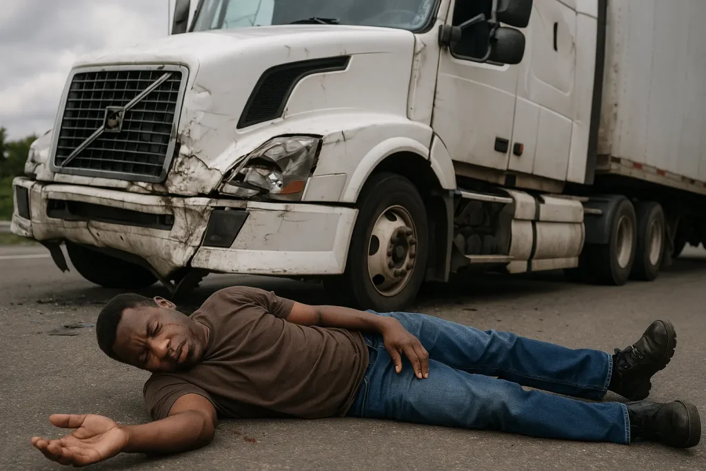 Injured-man-lies-on-road-before-damaged-white-truck-scene