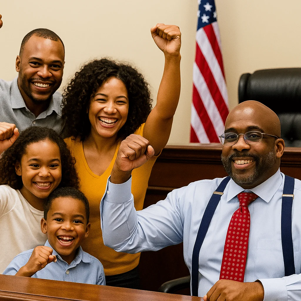 Roshun Phipps, celebrating in a courtroom, won the case - Houston Black Personal Injury Lawyer