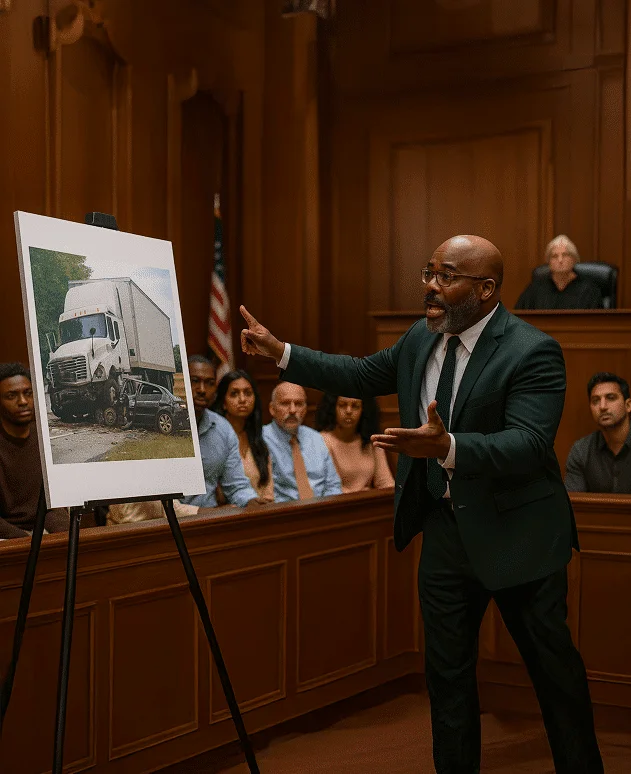 Roshun Phipps points at a crash photo in a courtroom.